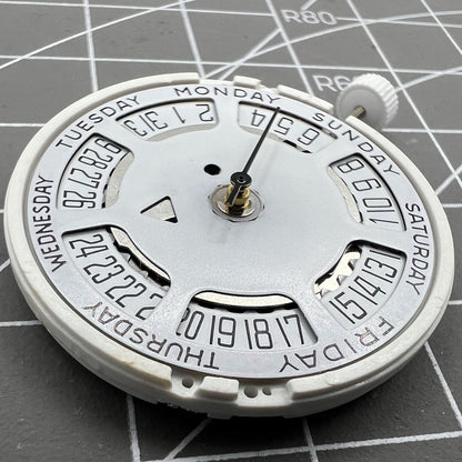 ISA 1198 quartz watch movement with day-date display, white dial, date at 6 o'clock, replacement part.