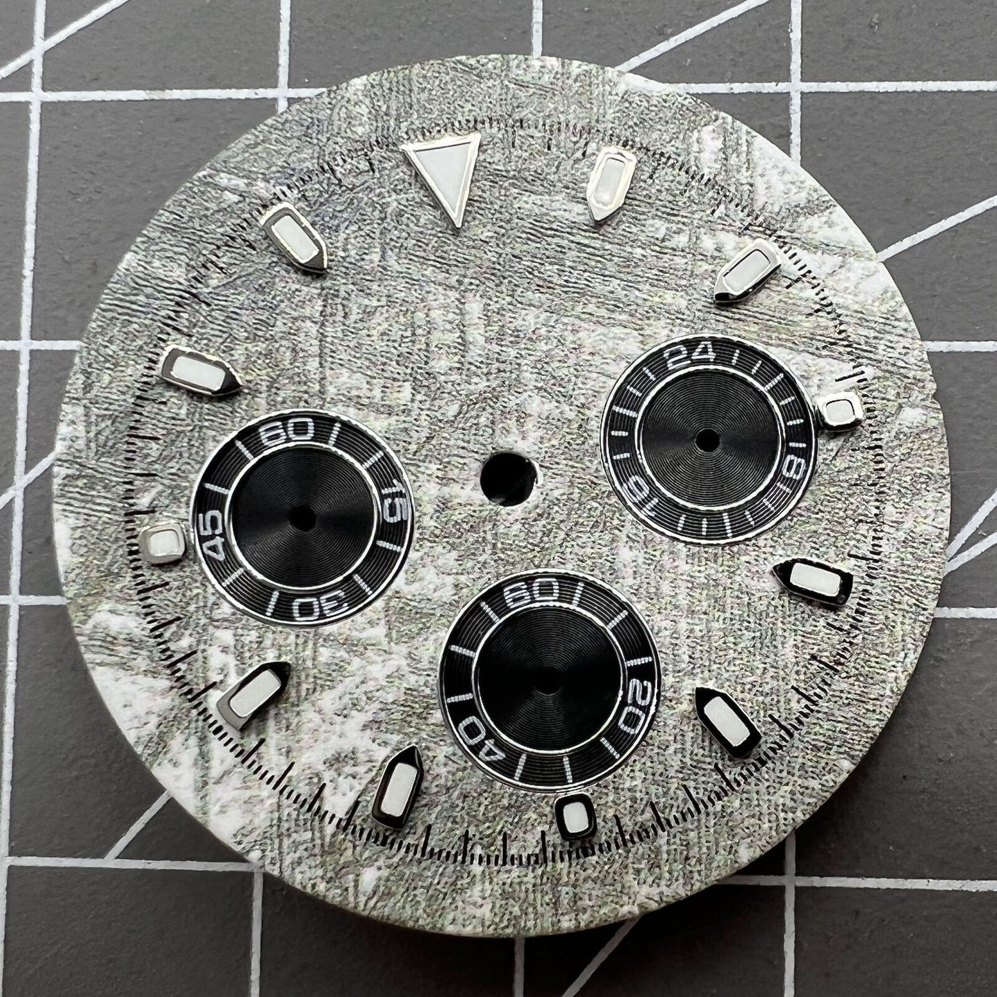 Green Lume 32.5mm Grey Rock Style Matted Watch Dial for VK63 Quartz Movement, rugged design.