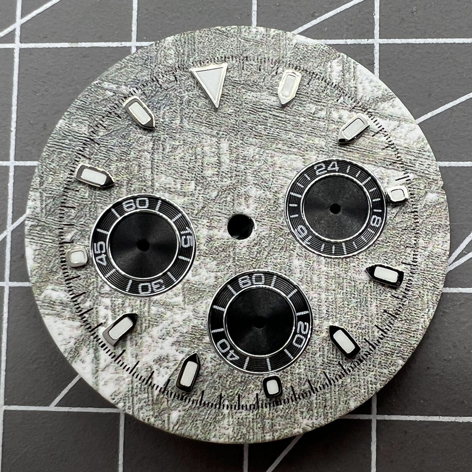 Green Lume 32.5mm Grey Rock Style Matted Watch Dial for VK63 Quartz Movement, rugged design.