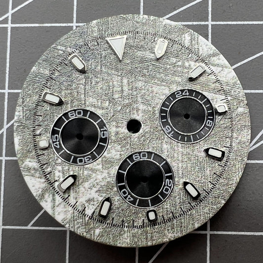 Green Lume 32.5mm Grey Rock Style Matted Watch Dial for VK63 Quartz Movement, rugged design.