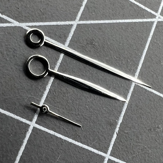 Long silver polished watch hands for ST3600/ST3620/ETA6497/6498 movement, precision fit.