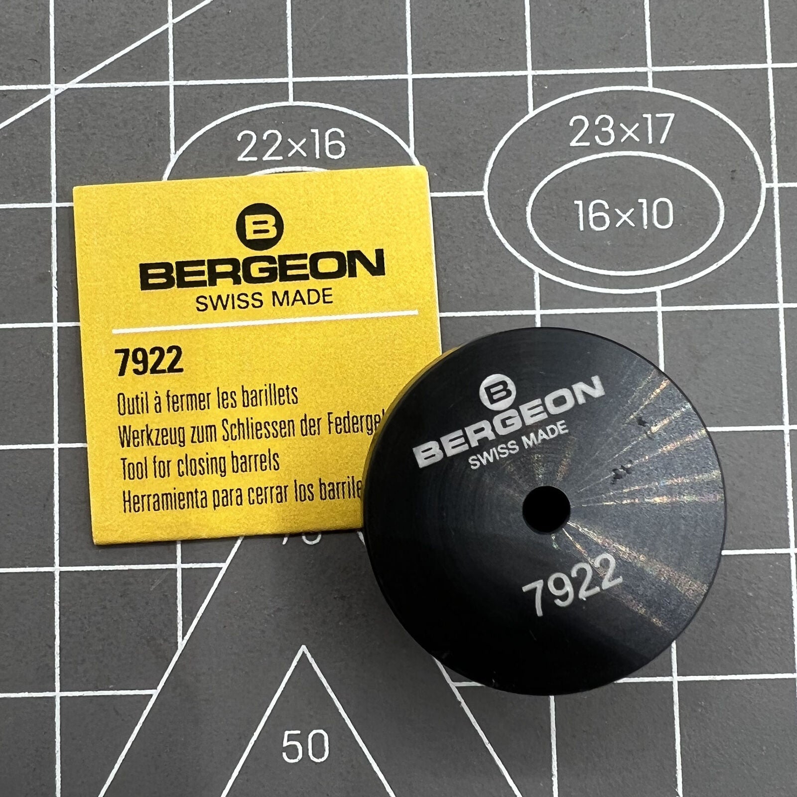 Swiss Bergeon 7922 tool for precise closing of mainspring covers in watch repairs.