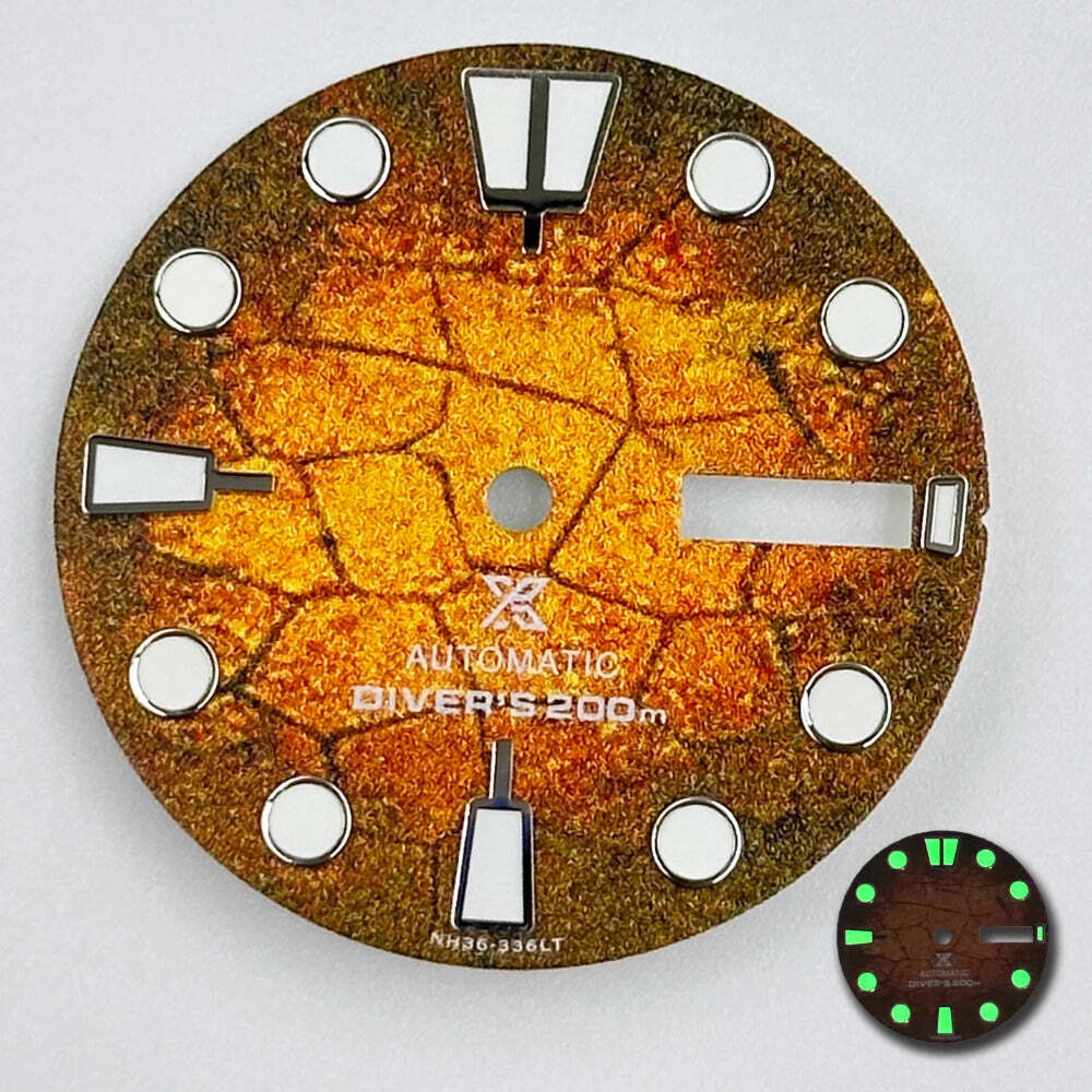 Orange Taucheruhr Zifferblatt 28,5mm mit leuchtend gr�nem Akzent, kompatibel mit NH35 NH36 Uhrwerk, ideal f�r Orient Uhren.