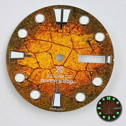 Orange Taucheruhr Zifferblatt 28,5mm mit leuchtend gr�nem Akzent, kompatibel mit NH35 NH36 Uhrwerk, ideal f�r Orient Uhren.