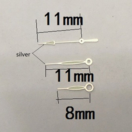 Aiguilles de montre luminescentes vertes avec garniture argentée de 11 mm pour mouvement Miyota 1M12.