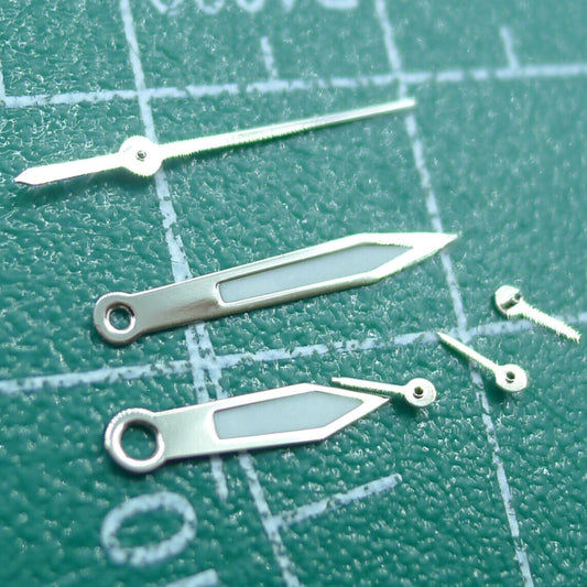 Green luminous watch hands with pointed tips, 13mm silver trim, compatible with Miyota 0S10 movement.