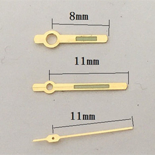 Aiguilles de montre lumineuses vertes avec garniture dorée de 11 mm pour mouvement Orient 46941 46943