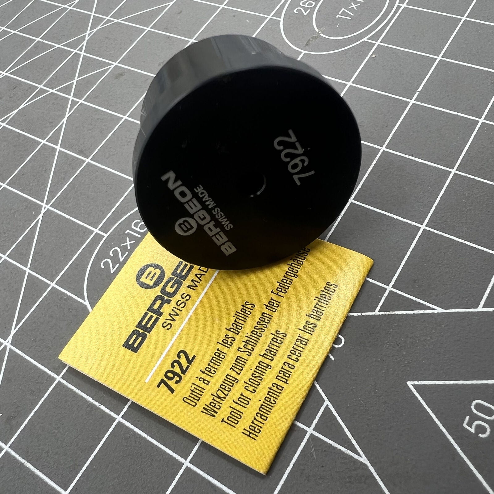 Swiss Bergeon 7922 mainspring cover closer tool for precise watch repair and assembly.