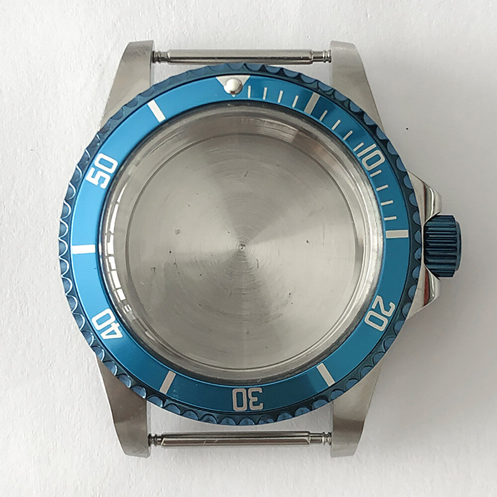 Blue retro 39.5mm stainless steel watch case with acrylic mirror, compatible with NH35/NH36 movements.