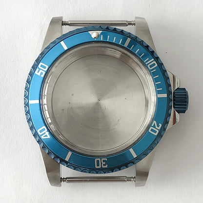 Blue retro 39.5mm stainless steel watch case with acrylic mirror, compatible with NH35/NH36 movements.