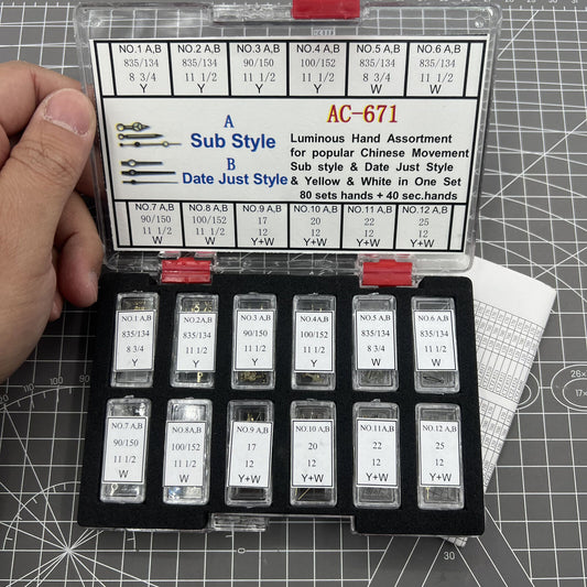Assortment of luminous watch hands for Chinese movement, Date Just style by Sub Style, ideal for watch repairs.