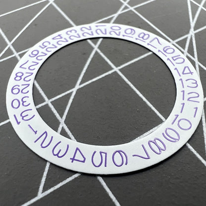 Light purple character date wheel for NH35 NH36 watch movement on white background, compatible with Seiko.
