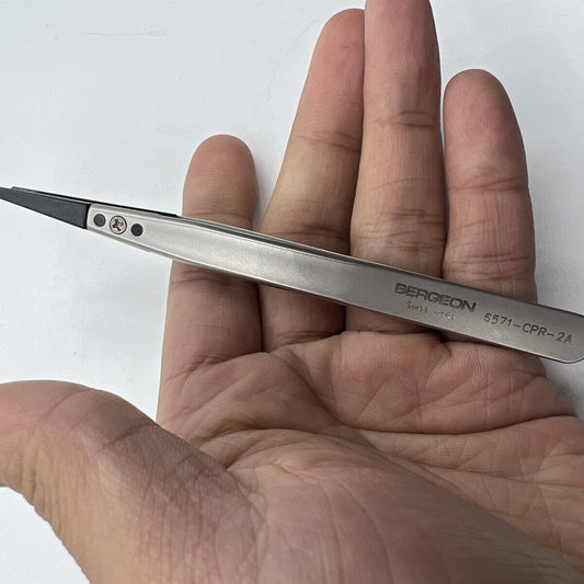 Bergeon 6571-CPR-2A precision tweezers with replaced ends for watch repair and accessories handling.