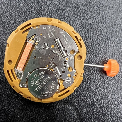Miyota GP50 quartz watch movement showing precise timekeeping mechanism for watch repairs.