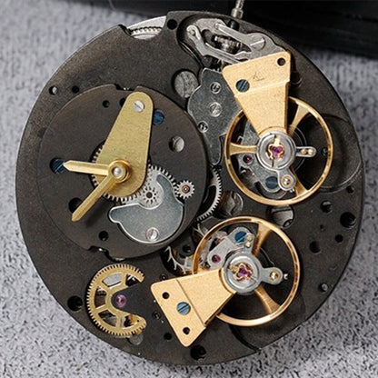 Black China brand multifunctional automatic watch with mechanical movement and double flywheel detail.
