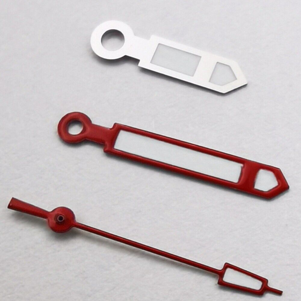 Red and silver watch hands with red second hand and green lume, compatible with NH35 NH36 movement.