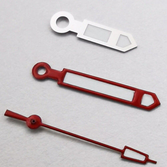 Red and silver watch hands with red second hand and green lume, compatible with NH35 NH36 movement.
