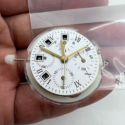 Black dial ETA 7750 chronograph watch, Swiss movement, single calendar, sleek sporty design.