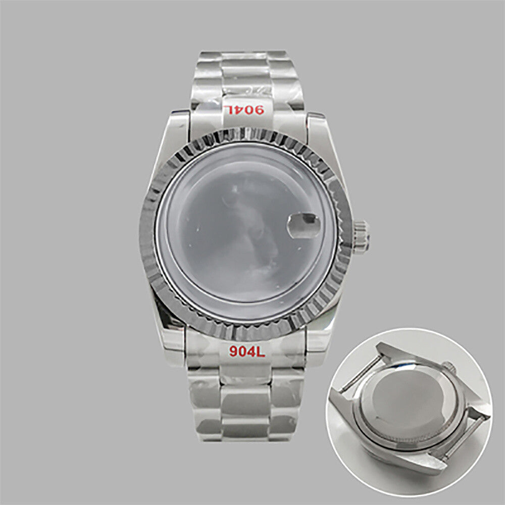36mm stainless steel watch case and strap with transparent calendar window, compatible with NH35/36 movements.