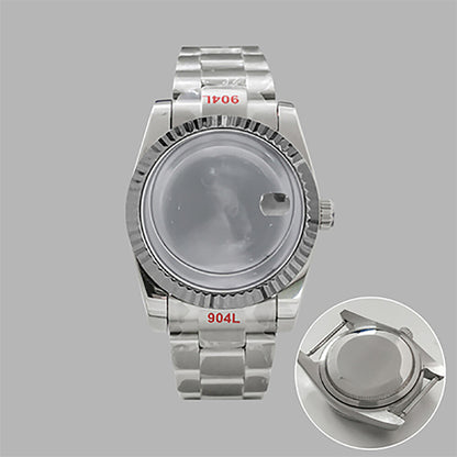 36mm stainless steel watch case and strap with transparent calendar window, compatible with NH35/36 movements.