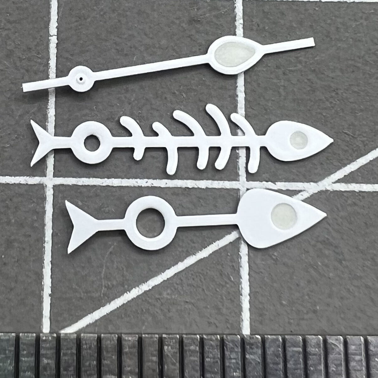 Matted white trim Fish Bone green lume watch hands for NH35 NH36 movement, precise fit.