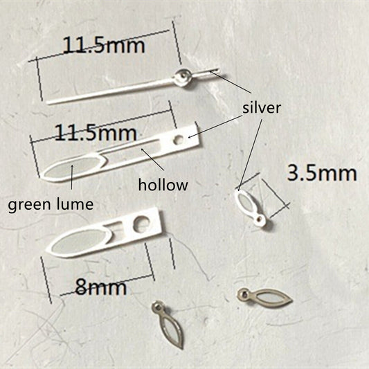 Aiguilles de montre 11,5 mm avec finition argentée et verte luminescente pour Miyota OS10, OS20, OS22, OS60, OS80