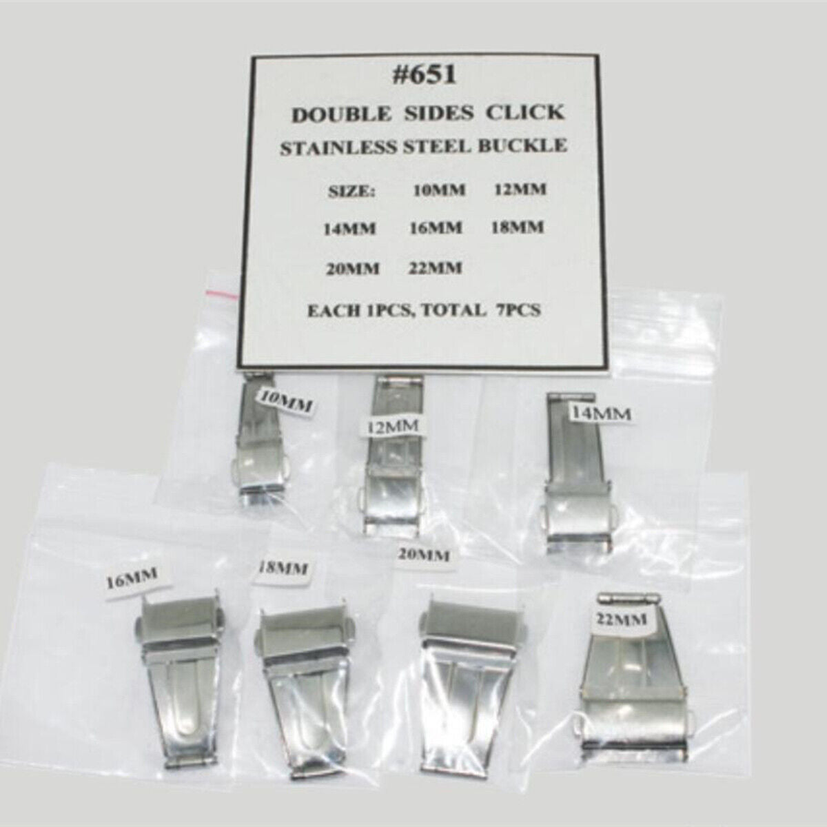 1. Silver stainless steel watch buckle set, 7pcs with double-sided polishing, fits 10-22mm straps.