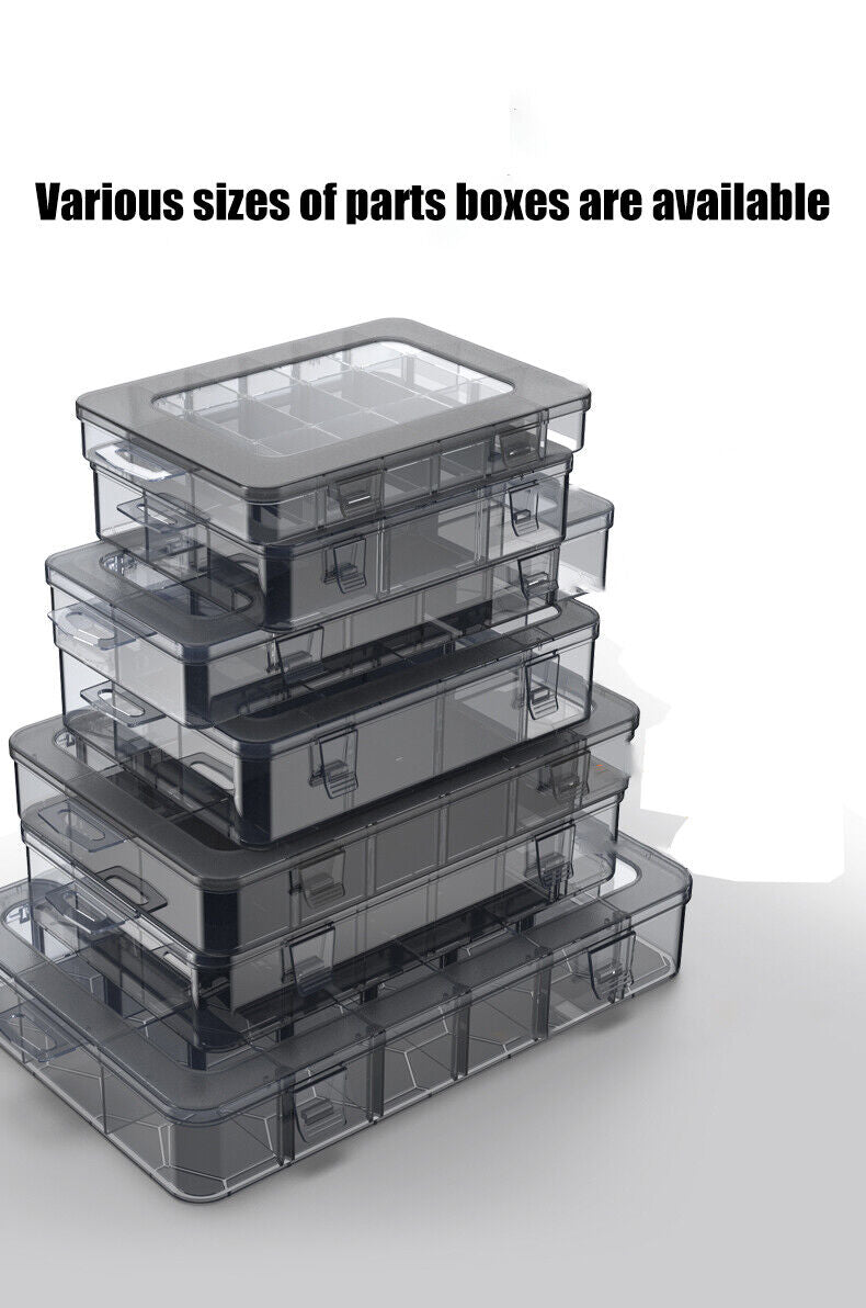 Clear plastic storage container ideal for organizing tools, screws, and jewelry parts.