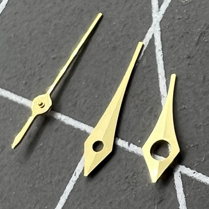 Set of 2 golden 6.5mm pointed trim watch hands for Miyota 2315 and 2035 movements.