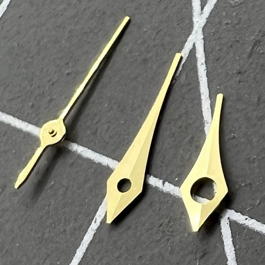 Set of 2 golden 6.5mm pointed trim watch hands for Miyota 2315 and 2035 movements.