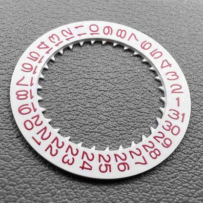 Wei�e Datumsanzeige mit roter Schrift, Scheibenrad f�r NH36/NH35 Uhrwerke, Datum bei 3 Uhr