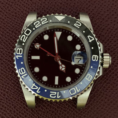 Boîtier de montre GMT 40 mm en acier inoxydable 3804 316L, verre saphir, aiguilles lumineuses