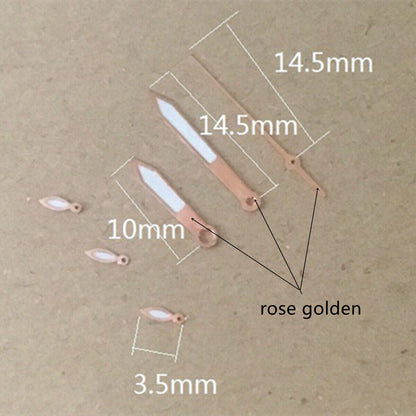 Rose gold trimmed white watch hands, 14.5mm size, compatible with Miyota OS10 OS20 OS60 OS80 movements.