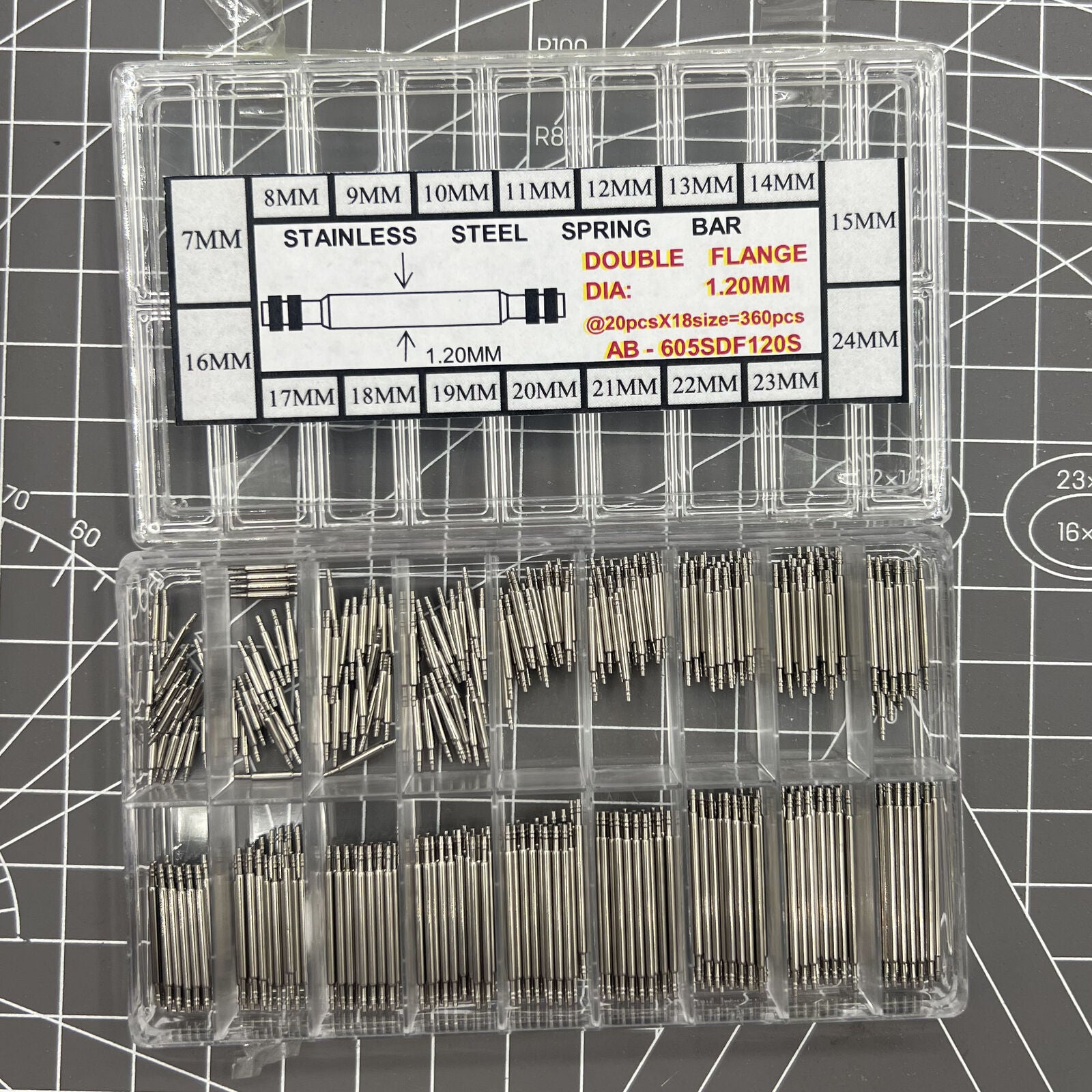 Double flange stainless steel watch spring bar kit, 18 sizes, 360 pieces