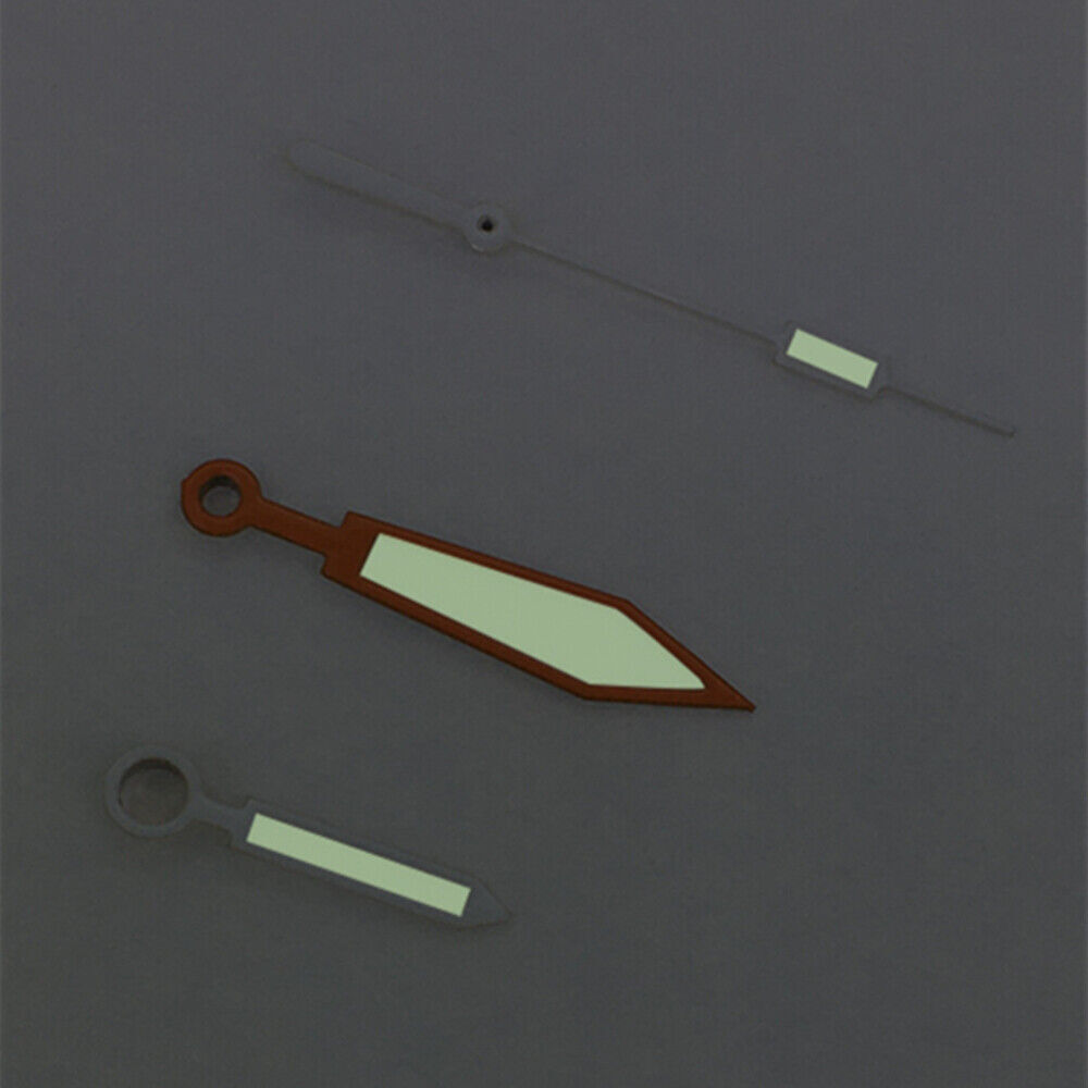 Orange and silver trimmed green luminescent watch hands for ETA 2836/2846/2824 movements, precision fit.