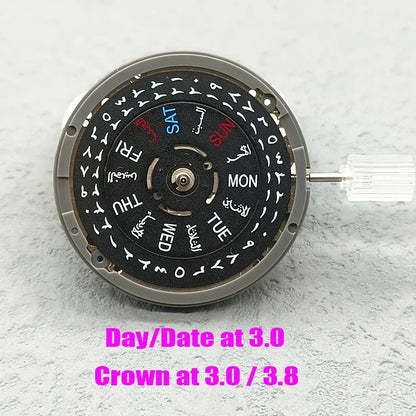Japanese NH36 automatic watch movement with black Arabic date dial and crown at 3.8, precision timekeeping by Seiko