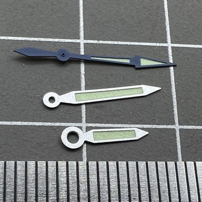 18mm silver watch hands with blue trim and green lume, Miyota 2035-2305 compatible, Butterfly brand.