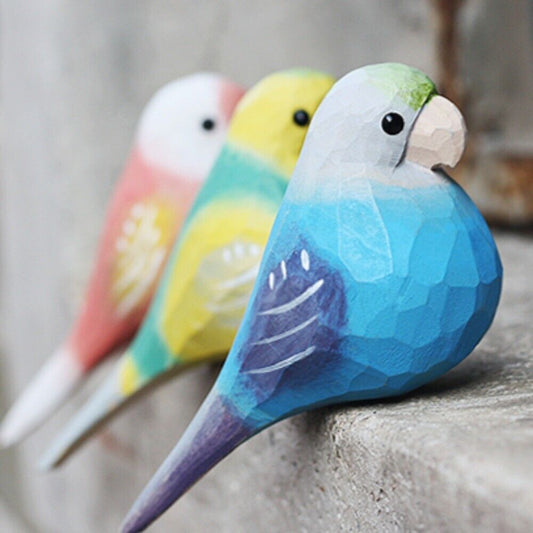 Set of 3 Handmade Cloud Spotted Parrot Wooden Sculptures, decorative artwork