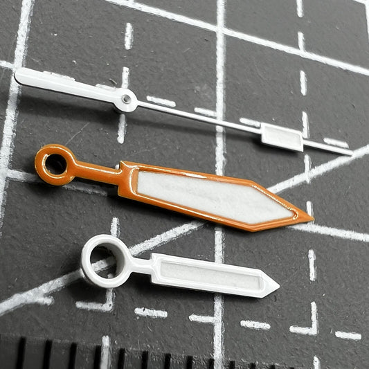 Orange and silver trimmed green lume watch hands for ETA 2836/2846/2824/2846 movements, precision fit.