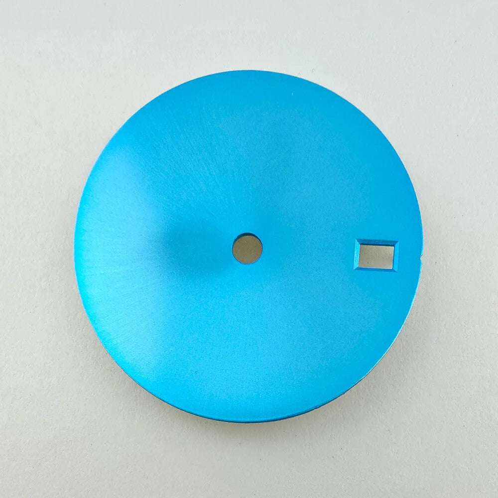 28.5mm solid color watch dial, metal design, no lume, fits NH35 movement, sleek accessory.