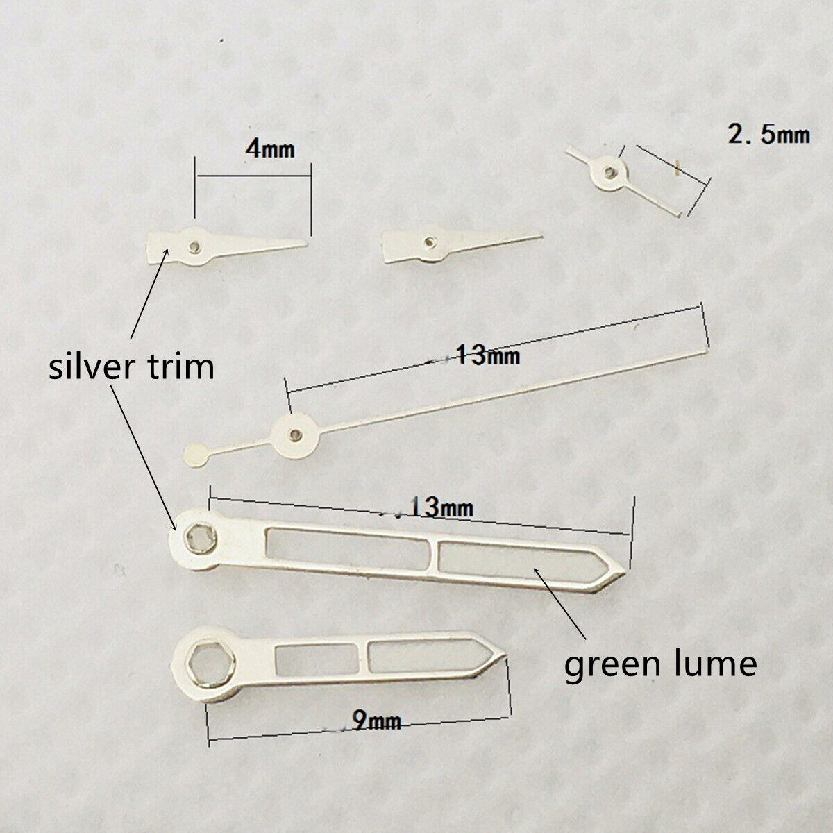 Silver trimmed green lume watch hands for Epson VD53 VD54 VD57 movements, enhancing visibility and style.