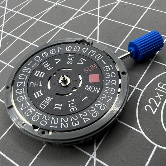 Black NH36A automatic mechanical movement with Roman wheel crown at 3 o'clock.