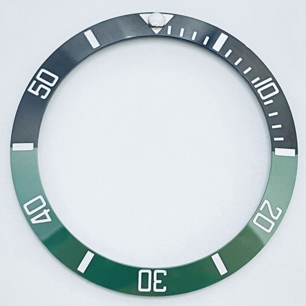 38mm black and green ceramic GMT bezel with white font, compatible with 40mm watch cases, for precise timekeeping.