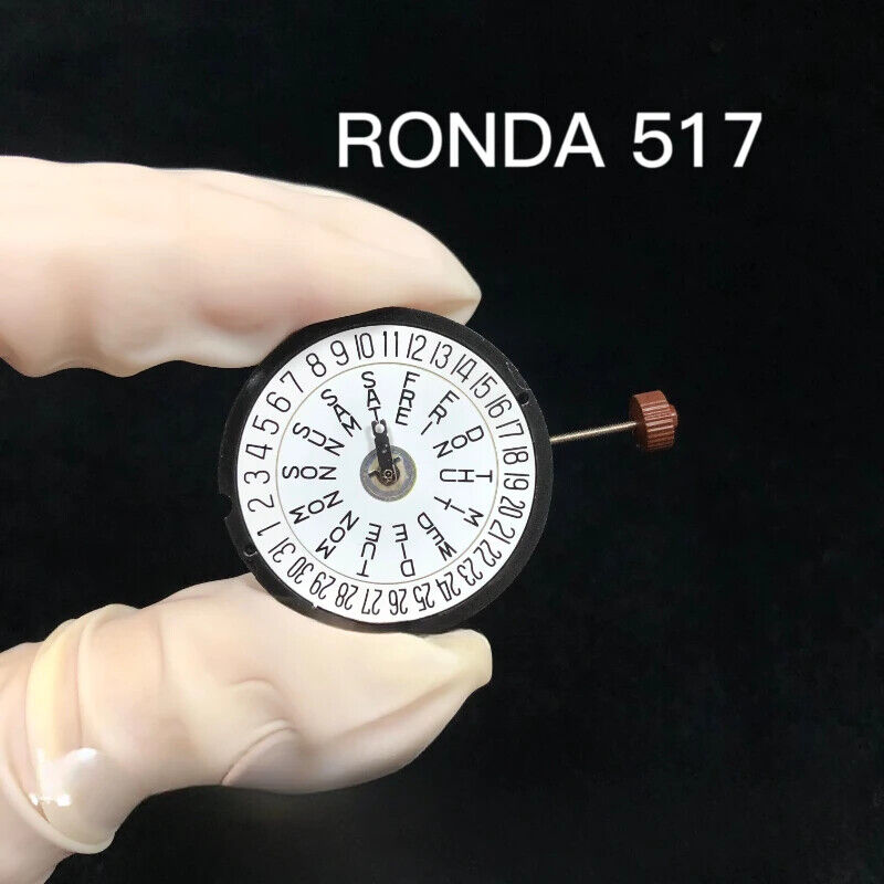 Original Swiss Made RONDA 517 quartz watch movement with date display at 3 and 6 o'clock for precise timekeeping