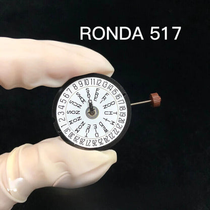 Original Swiss Made RONDA 517 quartz watch movement with date display at 3 and 6 o'clock for precise timekeeping