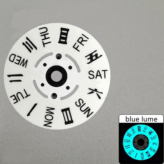 Blue lume week wheel disk for NH36 movement with dual Chinese-English calendar, white background.