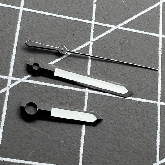 13mm polished black trim watch hands with white paint and green lume for NH35 NH36 movements.