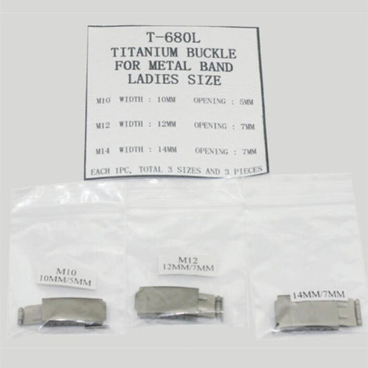 1. Set of 3 titanium watch buckles, 10-14mm size, designed for ladies' metal watch bands.  