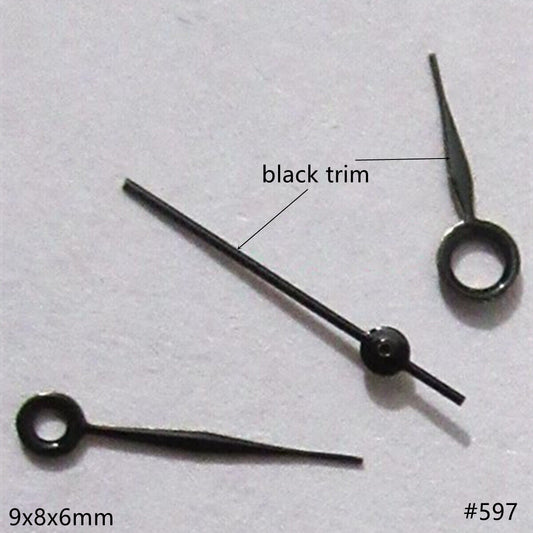 9mm black painted watch hands set compatible with Miyota 2035 movement, sleek design.