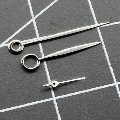 Long polished silver watch hands for ST3600/ST3620/ETA6497/6498 movements, precision fit, no lume.